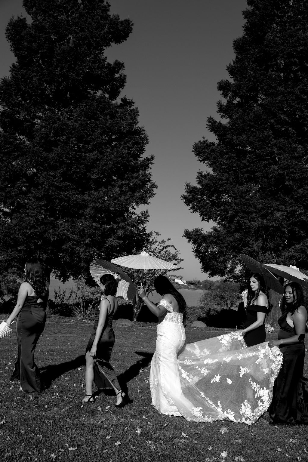 Bride walking with her bridesmaids at Wolfe Heights, each carrying parasols in a stylish outdoor setting