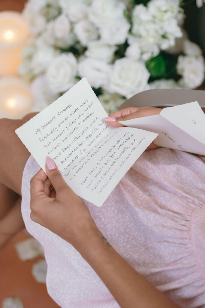 A heartfelt love letter being read by the bride-to-be after the Los Angeles proposal.