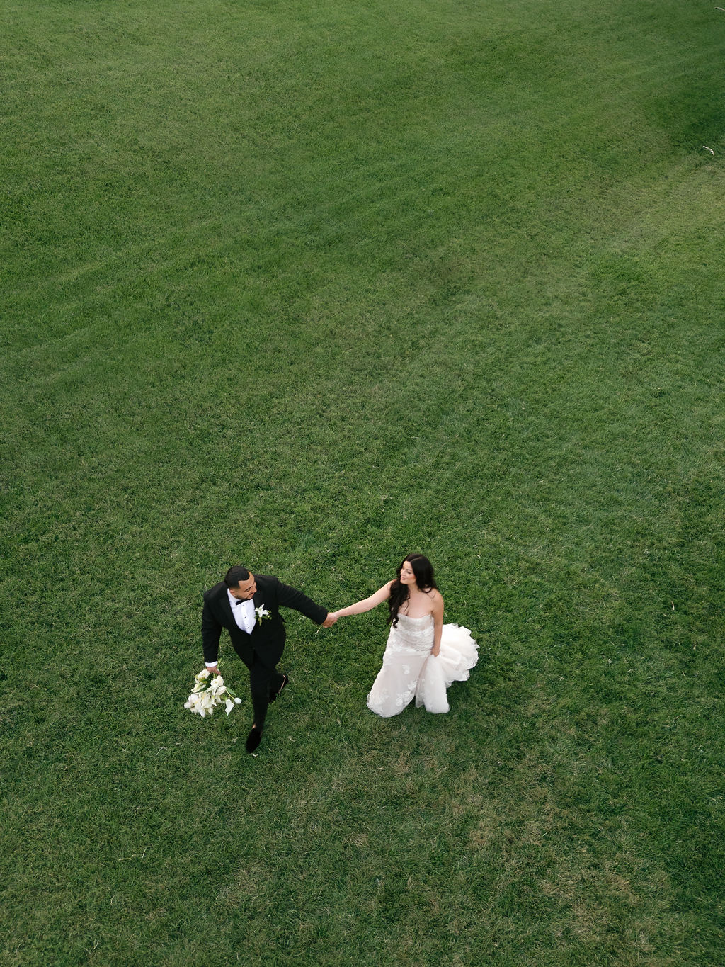 Aerial view of Bride and groom holding hands on the lawn at Grand Island Mansion.