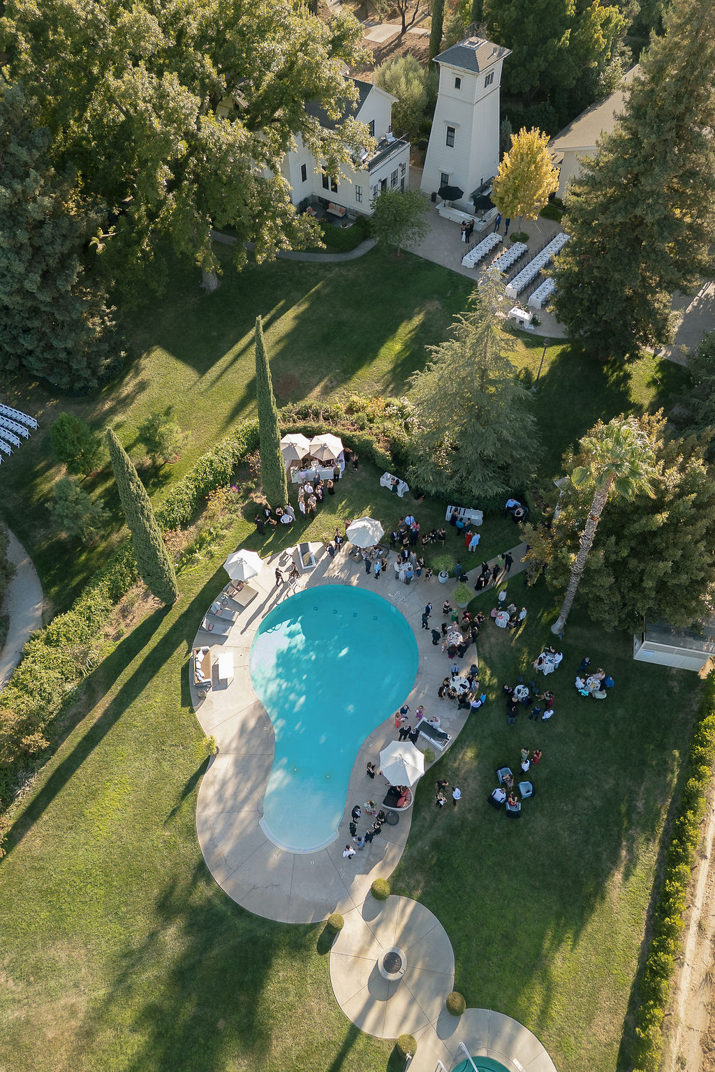 Overhead shot of elegant Park Winters wedding reception tables with black chairs and white linens.