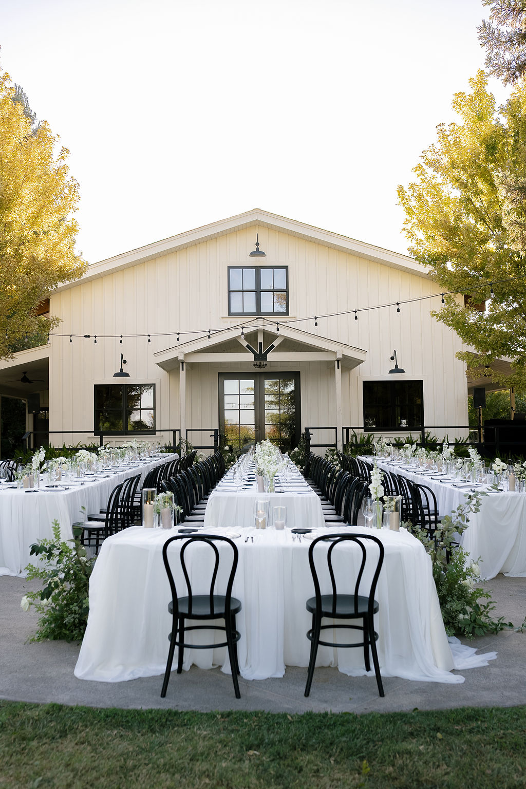 Long banquet tables styled with black chairs and romantic white linens at Park Winters Wedding reception.