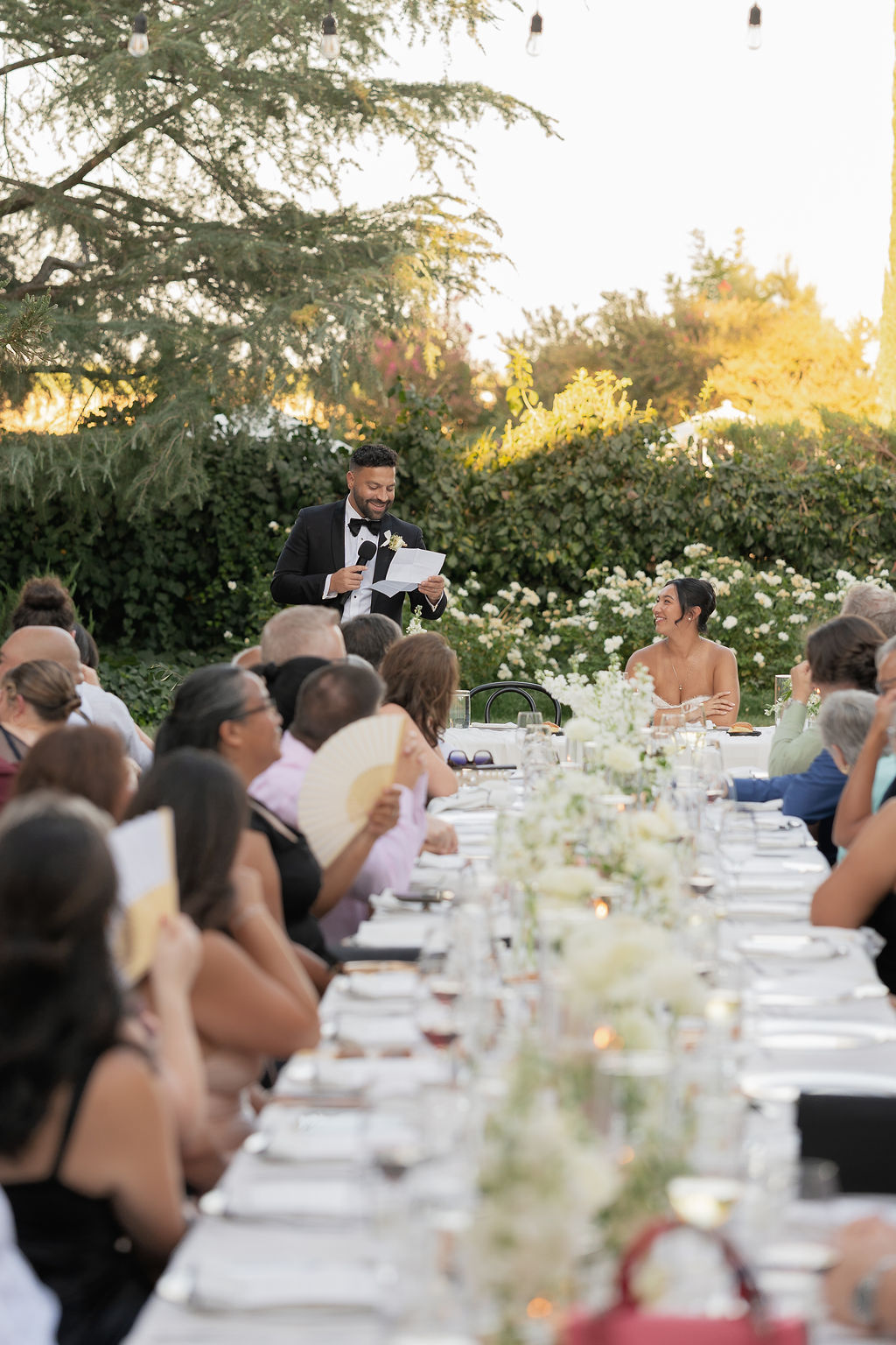 Groom giving wedding speech to bride and guests during outdoor reception at Park Winters Wedding.