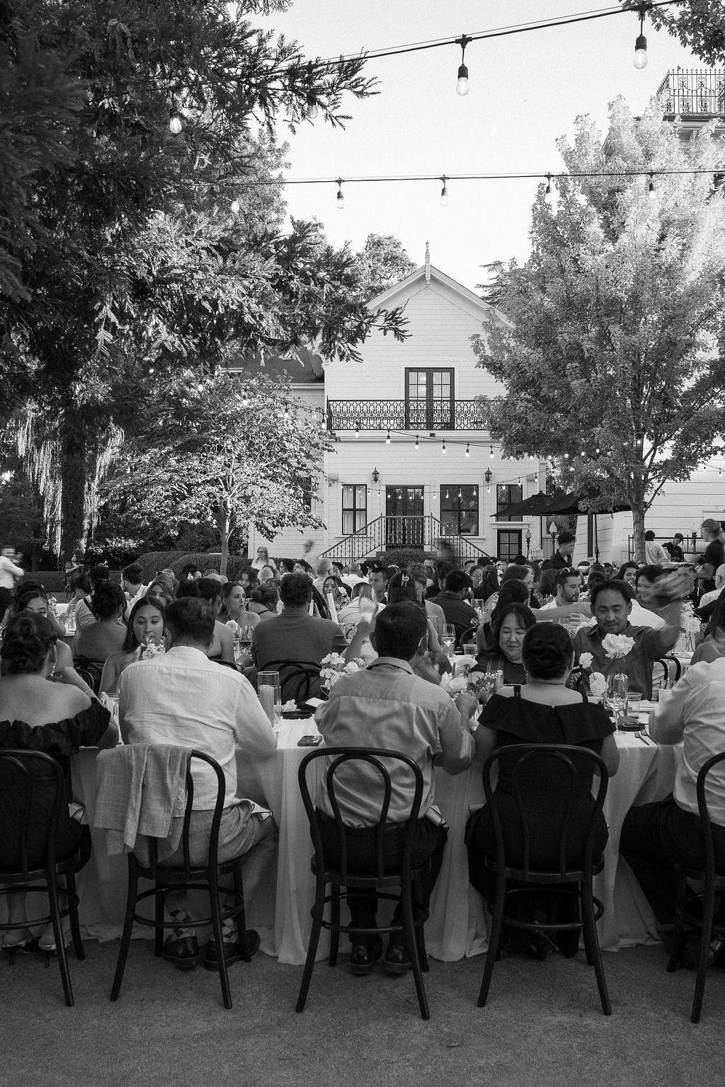 Black-and-white photo of guests dining under string lights outside mansion at Park Winters Wedding